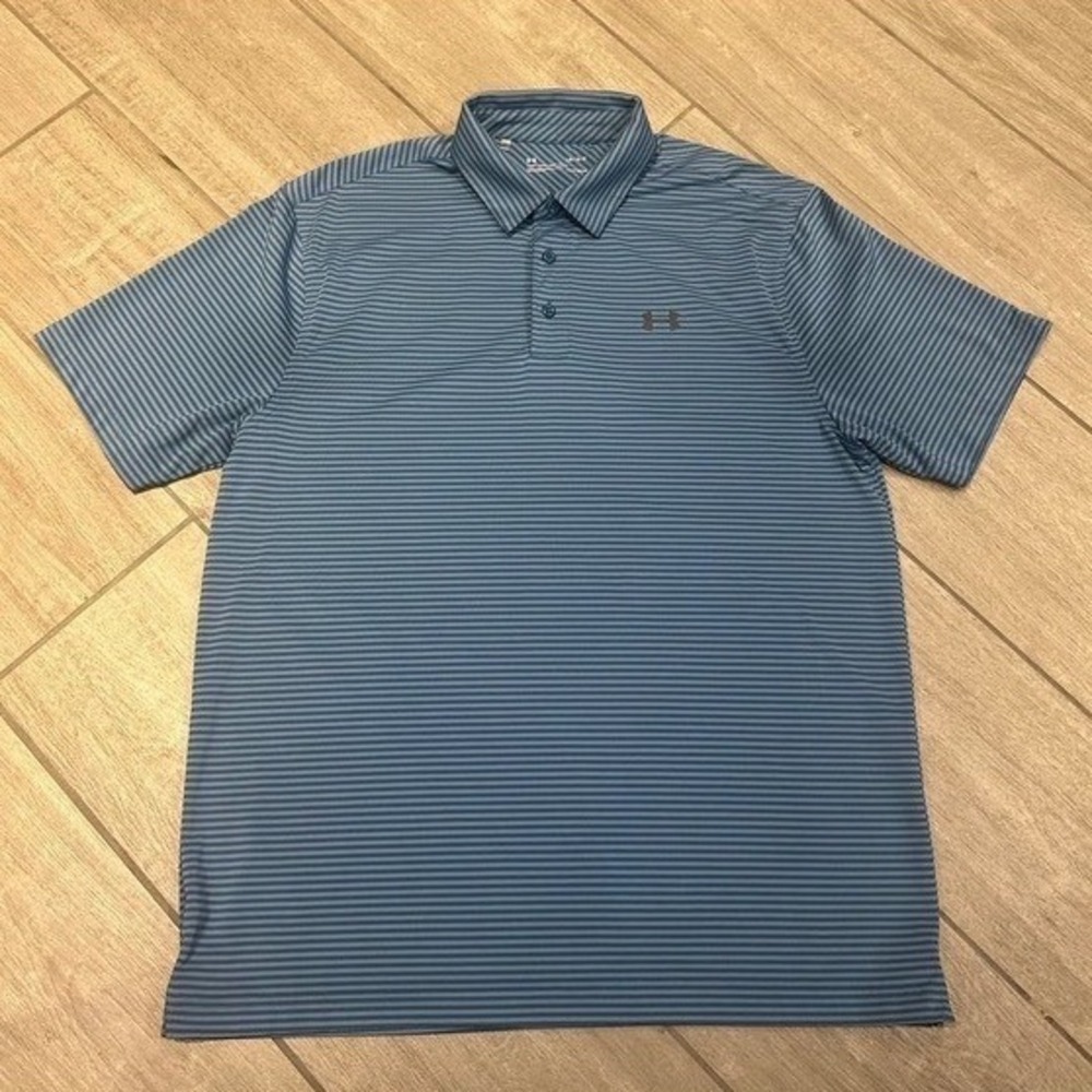 Under Armour Mens Large Polo Shirt Blue Striped HeatGear Short Sleeve Golf Top